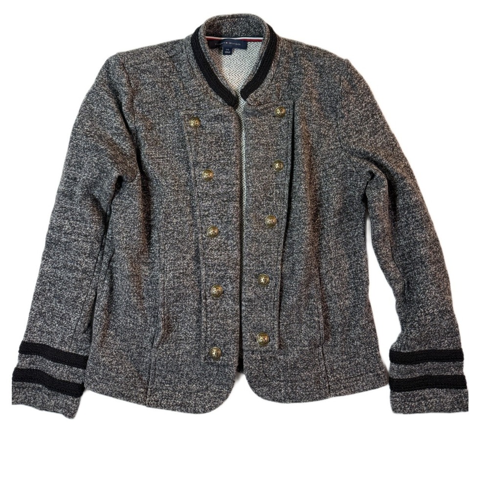 Tommy Hilfiger Military Band Top Womens L Gray Marled Metal Button Dark Academia - Picture 2 of 8